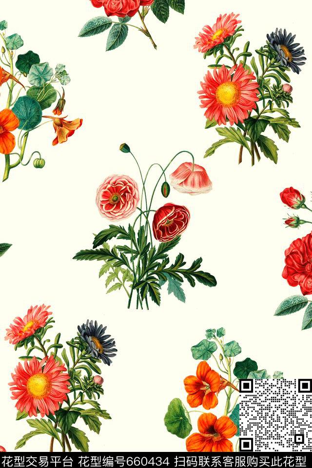 时尚手绘花卉数码印花华亿平台下载（图片编号: 660434） - 瓦栏（Walan）