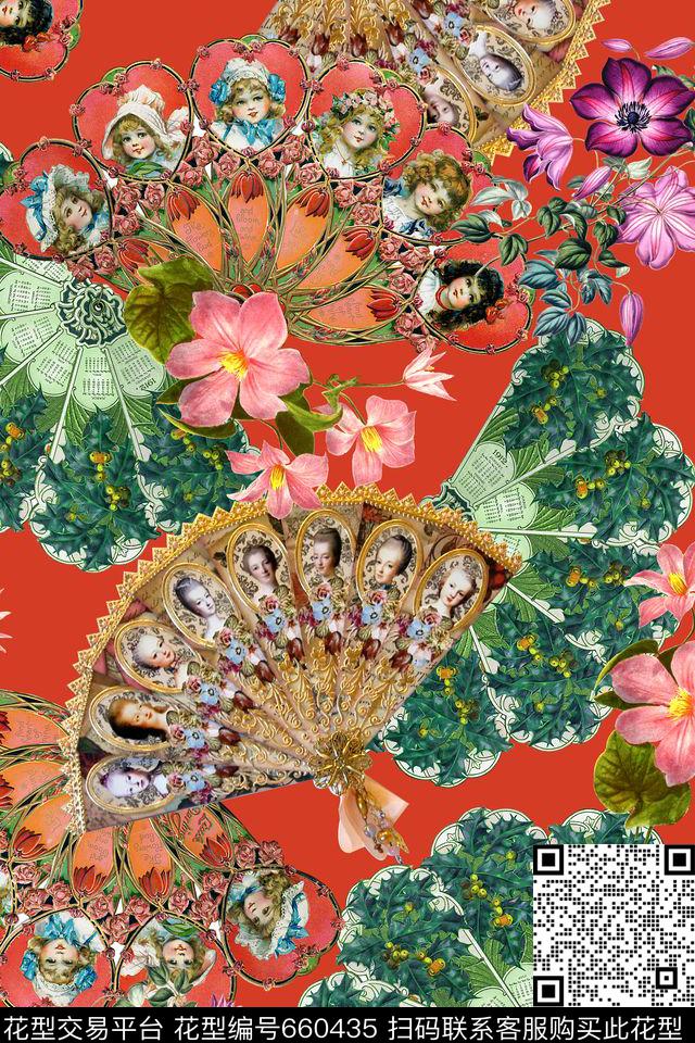 扇子花卉人物数码印花华亿平台下载（图片编号: 660435） - 瓦栏（Walan）