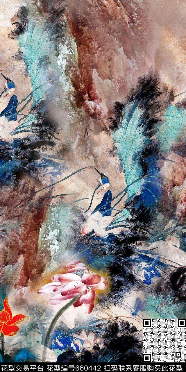 国画工笔画水墨数码印花华亿平台下载（图片编号: 660442） - 瓦栏（Walan）