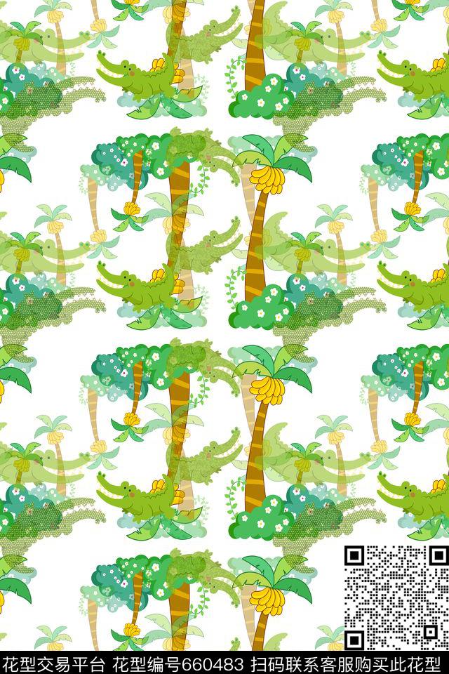 热带香蕉树鳄鱼卡通数码印花华亿平台下载（图片编号: 660483） - 瓦栏（Walan）