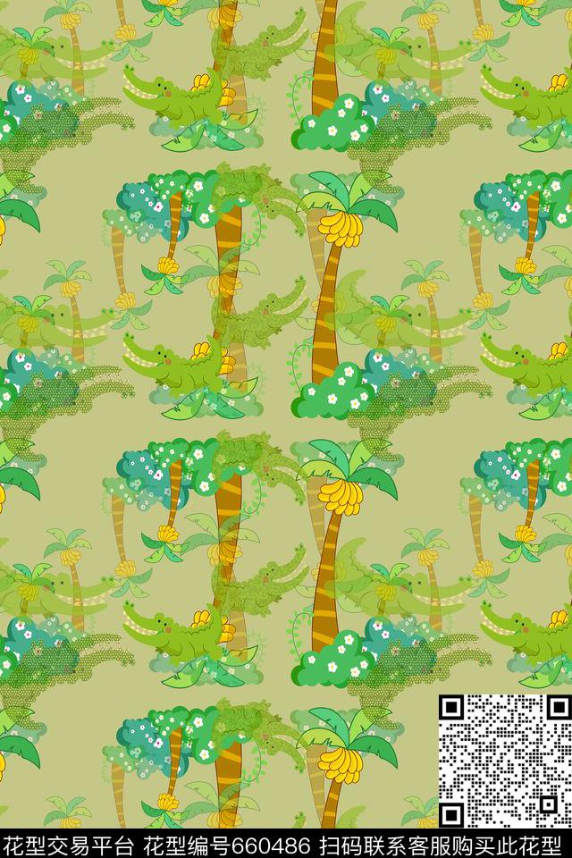 热带香蕉树鳄鱼卡通数码印花华亿平台下载（图片编号: 660486） - 瓦栏（Walan）