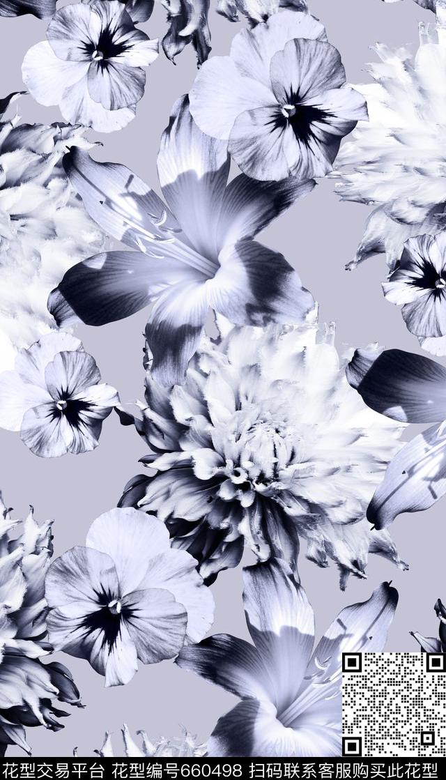 数码花卉、灰色、风吹效果数码印花华亿平台下载（图片编号: 660498） - 瓦栏（Walan）
