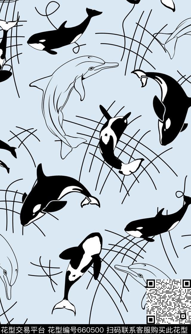 鲸鱼、渔网、勾线元素传统印花华亿平台下载（图片编号: 660500） - 瓦栏（Walan）