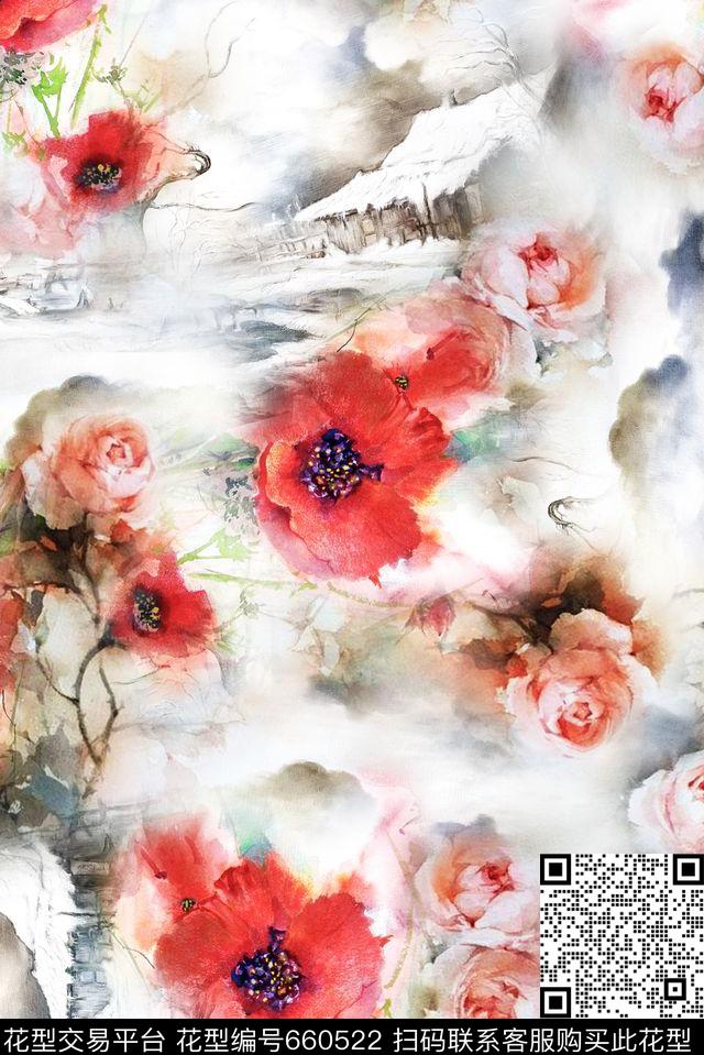 水彩花朵花卉数码印花华亿平台下载（图片编号: 660522） - 瓦栏（Walan）