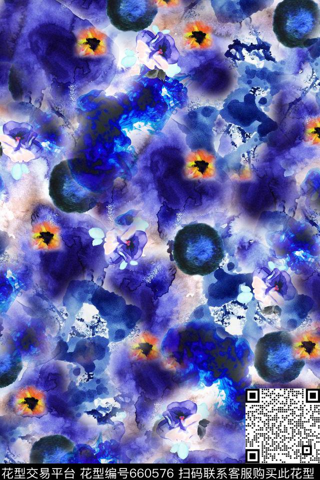 水墨画蓝色墨点数码印花华亿平台下载（图片编号: 660576） - 瓦栏（Walan）