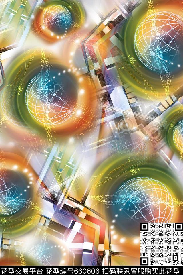 未来科技抽象几何彩色圆圈数码印花华亿平台下载（图片编号: 660606） - 瓦栏（Walan）