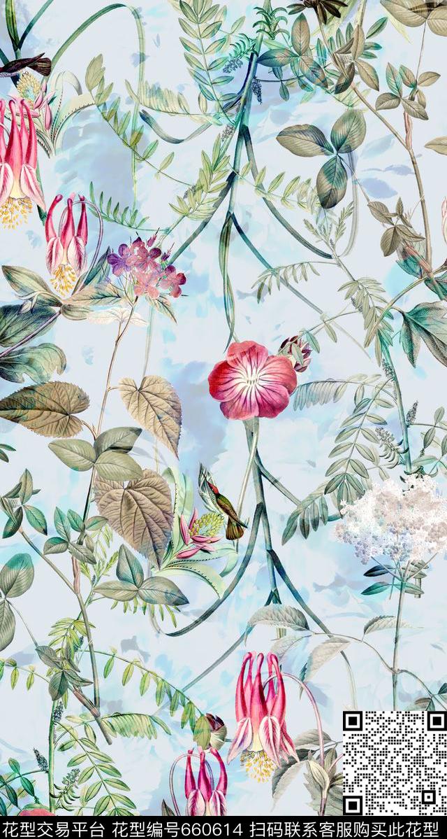 清新花卉手绘花卉国外手绘花卉数码印花华亿平台下载（图片编号: 660614） - 瓦栏（Walan）