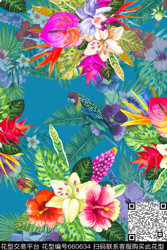花卉天堂鸟花棕榈叶数码印花华亿平台下载（图片编号: 660634） - 瓦栏（Walan）