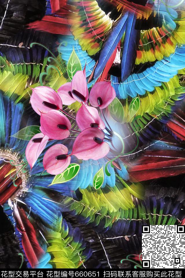 花朵羽毛数码印花华亿平台下载（图片编号: 660651） - 瓦栏（Walan）