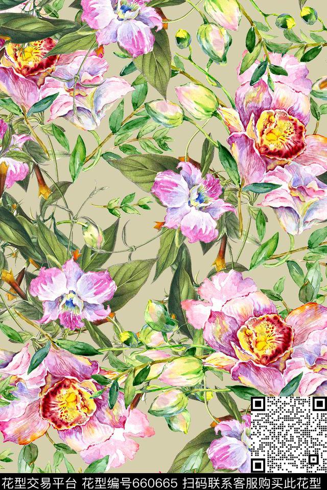 手绘花卉绿叶数码印花华亿平台下载（图片编号: 660665） - 瓦栏（Walan）