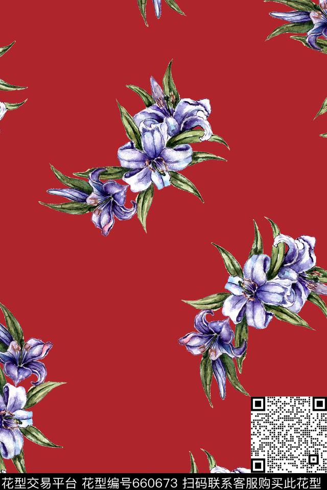 酒红手绘花卉数码印花华亿平台下载（图片编号: 660673） - 瓦栏（Walan）