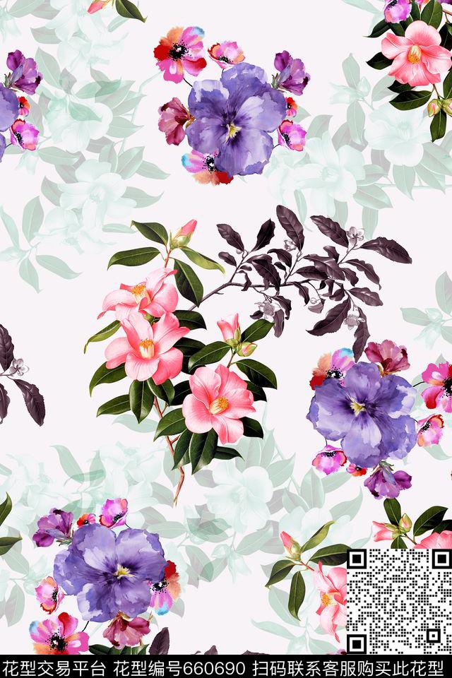 水彩花卉小花植物数码印花华亿平台下载（图片编号: 660690） - 瓦栏（Walan）