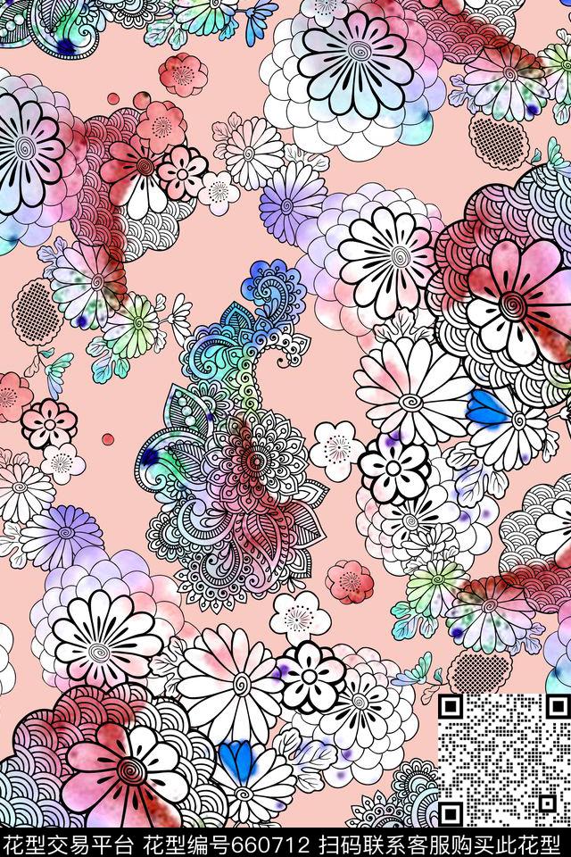 手绘佩斯利花纹数码印花华亿平台下载（图片编号: 660712） - 瓦栏（Walan）