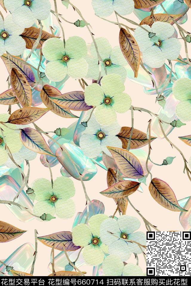 时尚潮流手绘水彩画植物数码印花春夏清爽女装裙子花朵几何印花雪纺真丝棉布料印花数码印花华亿平台下载（图片编号: 660714） - 瓦栏（Walan）