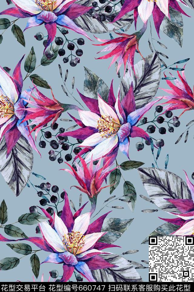 手绘花卉荷花数码印花华亿平台下载（图片编号: 660747） - 瓦栏（Walan）