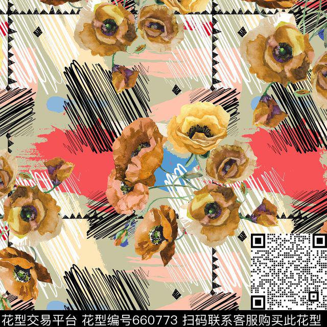 复古手绘花卉数码印花华亿平台下载（图片编号: 660773） - 瓦栏（Walan）