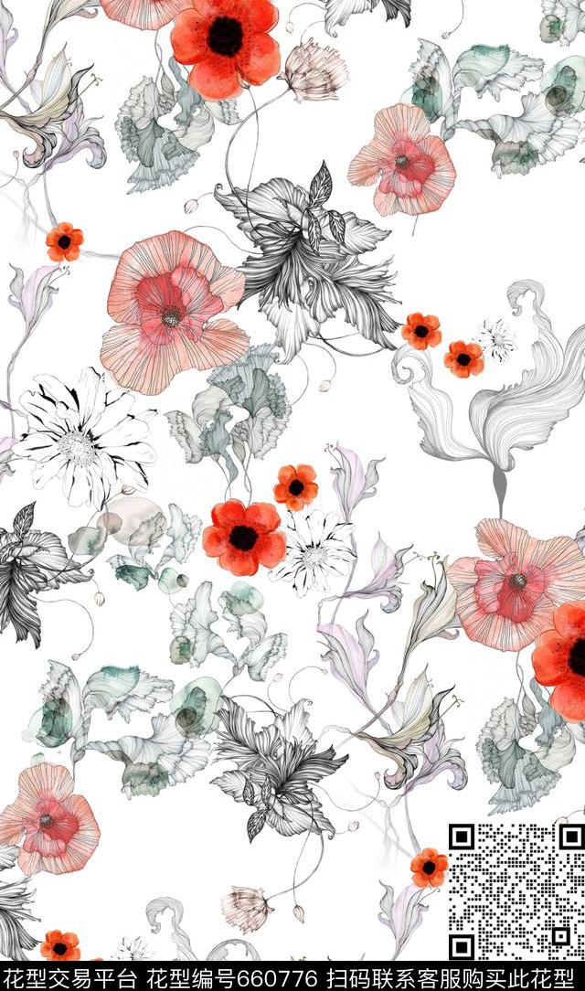 花朵花卉水墨花卉数码印花华亿平台下载（图片编号: 660776） - 瓦栏（Walan）