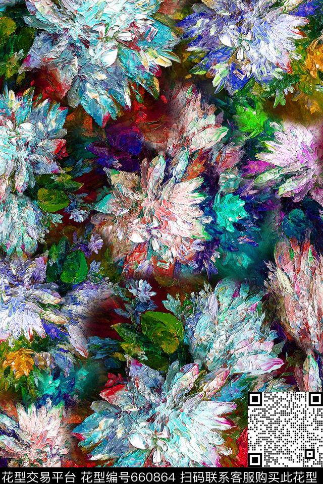 油画抽象花卉数码印花华亿平台下载（图片编号: 660864） - 瓦栏（Walan）