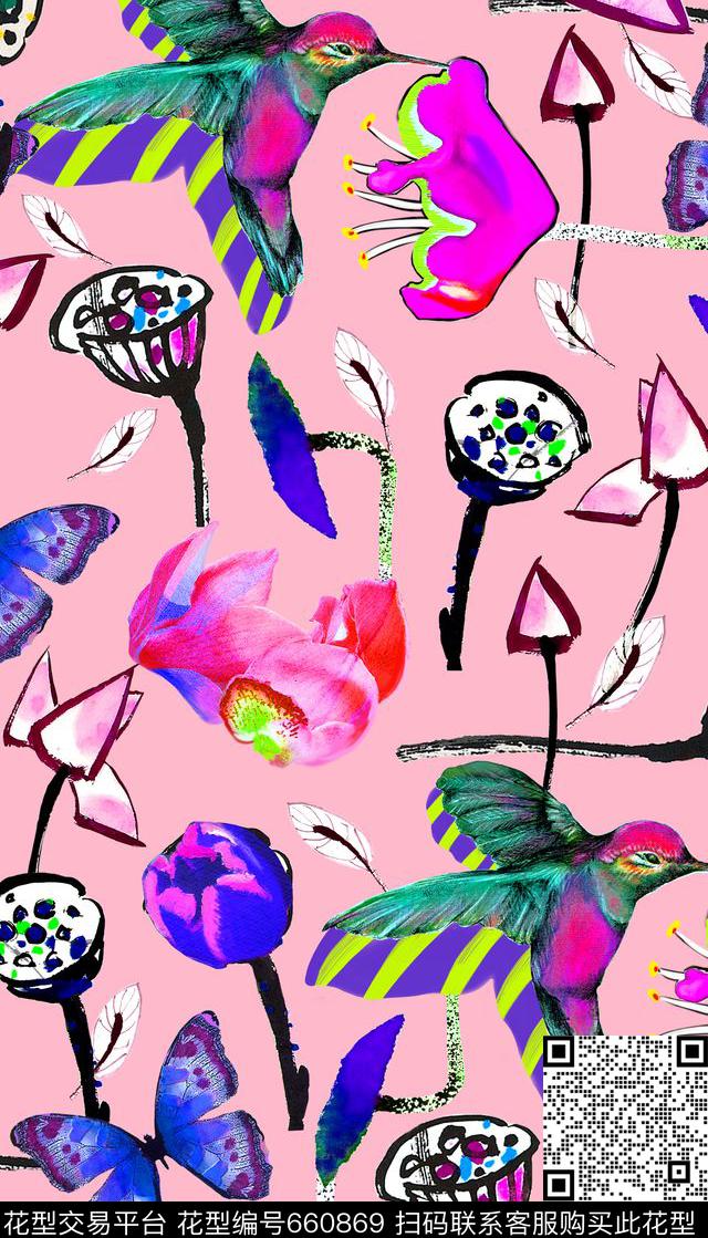 植物花卉鸟彩色数码印花华亿平台下载（图片编号: 660869） - 瓦栏（Walan）