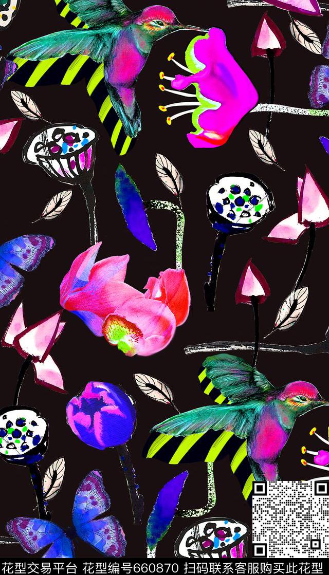 植物花卉鸟彩色传统印花华亿平台下载（图片编号: 660870） - 瓦栏（Walan）