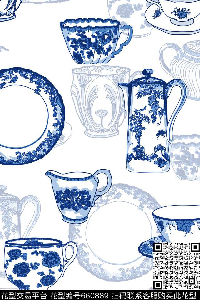 手绘青花瓷套餐传统印花华亿平台下载（图片编号: 660889） - 瓦栏（Walan）