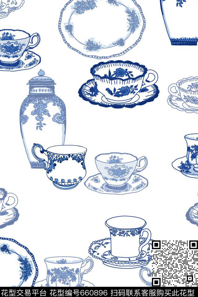 手绘青花瓷套餐传统印花华亿平台下载（图片编号: 660896） - 瓦栏（Walan）
