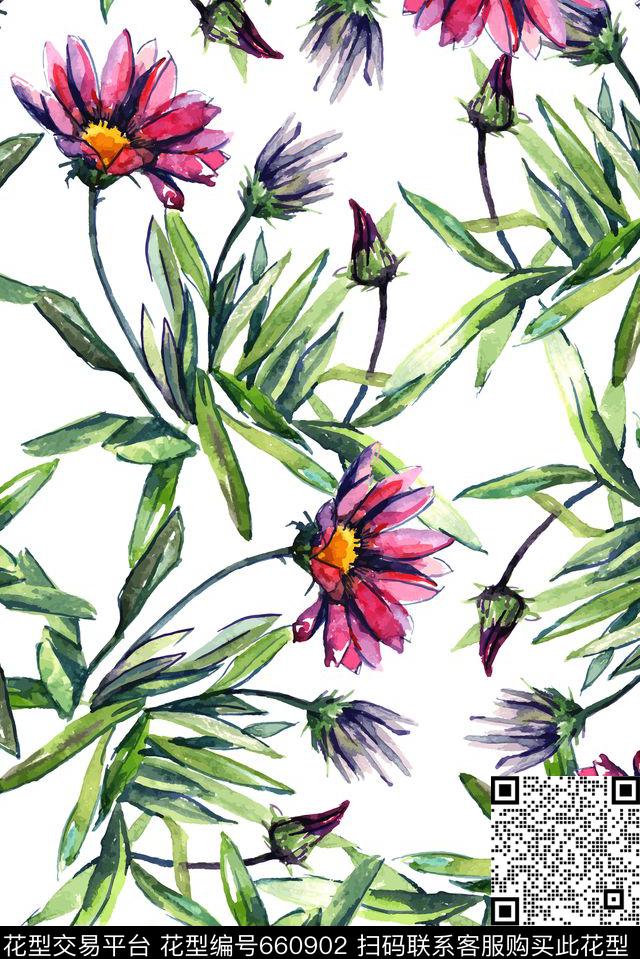 手绘花卉绿叶数码印花华亿平台下载（图片编号: 660902） - 瓦栏（Walan）