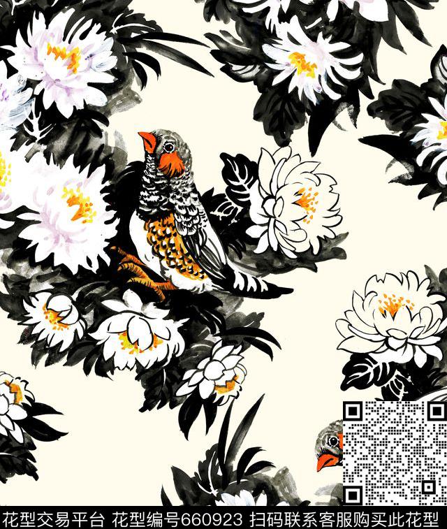 手绘水墨花卉数码印花华亿平台下载（图片编号: 660923） - 瓦栏（Walan）