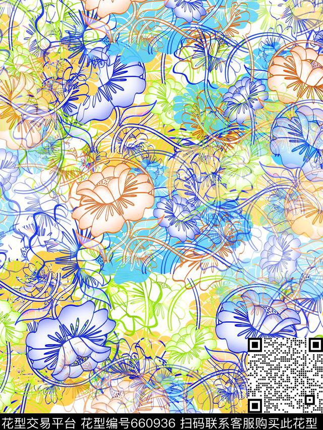 时尚、手绘、花朵数码印花华亿平台下载（图片编号: 660936） - 瓦栏（Walan）