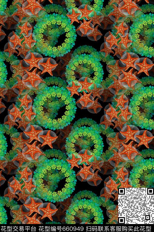 海星热带海滨度假花环数码印花华亿平台下载（图片编号: 660949） - 瓦栏（Walan）