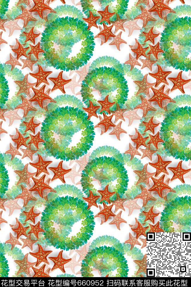 海星热带海滨度假花环数码印花华亿平台下载（图片编号: 660952） - 瓦栏（Walan）