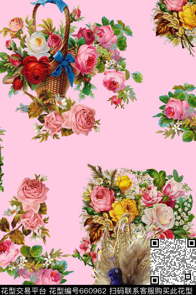花朵花篮鸟数码印花华亿平台下载（图片编号: 660962） - 瓦栏（Walan）