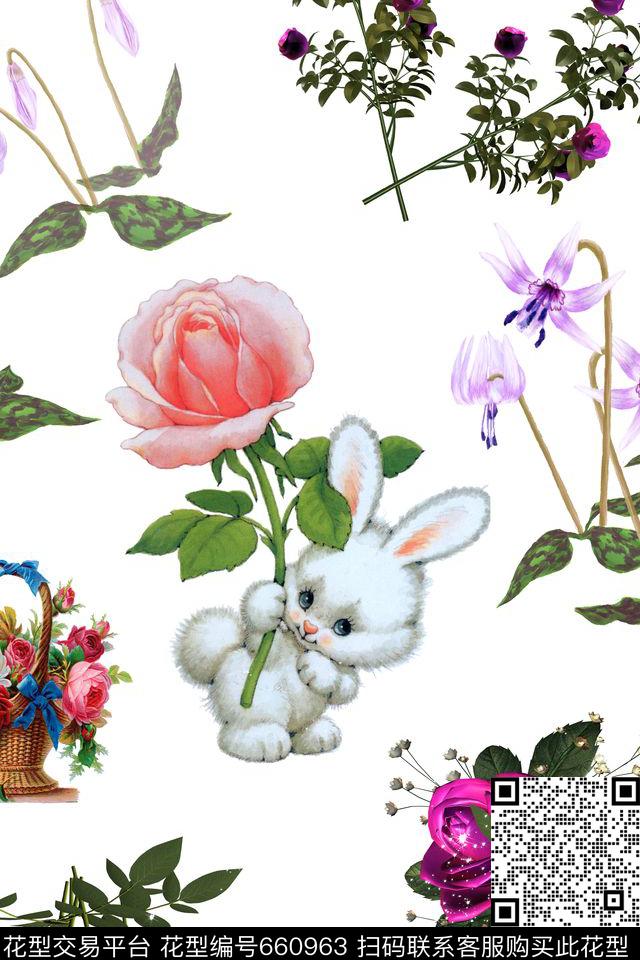 花朵花篮兔子数码印花华亿平台下载（图片编号: 660963） - 瓦栏（Walan）