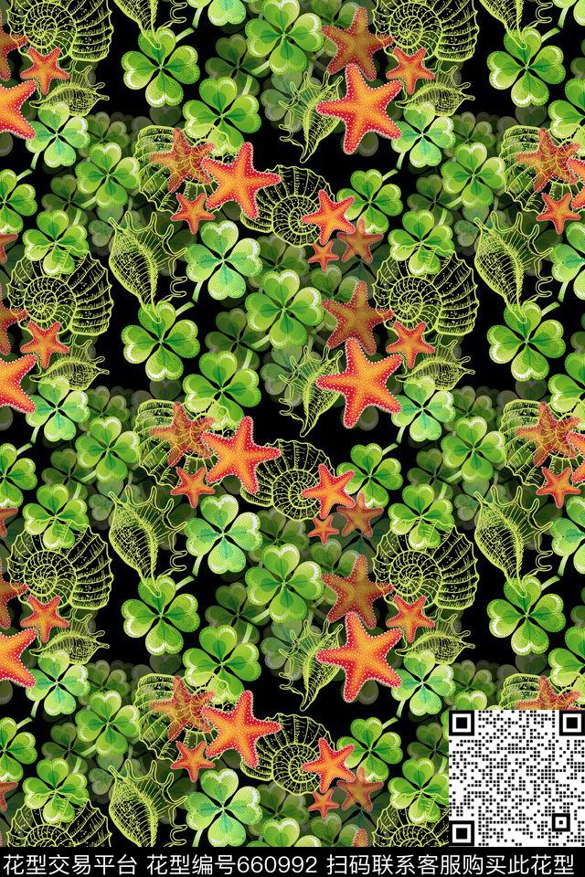 海星热带海滨度假四叶草组合数码印花华亿平台下载（图片编号: 660992） - 瓦栏（Walan）