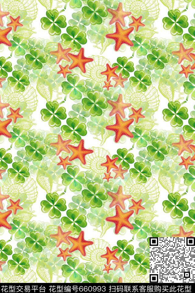 海星热带海滨度假四叶草组合数码印花华亿平台下载（图片编号: 660993） - 瓦栏（Walan）
