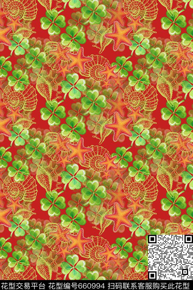 海星热带海滨度假四叶草组合数码印花华亿平台下载（图片编号: 660994） - 瓦栏（Walan）