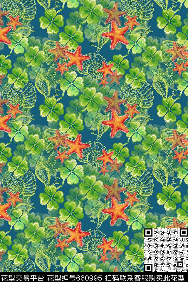 海星热带海滨度假四叶草组合数码印花华亿平台下载（图片编号: 660995） - 瓦栏（Walan）
