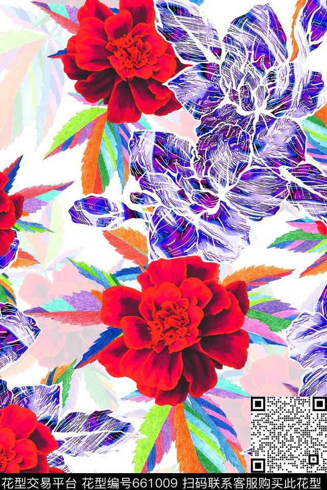 大花抽象手绘幻彩花卉趣味数码印花华亿平台下载（图片编号: 661009） - 瓦栏（Walan）