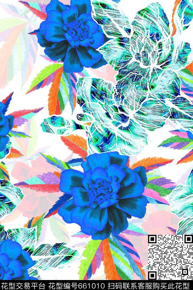 大花抽象手绘幻彩花卉趣味数码印花华亿平台下载（图片编号: 661010） - 瓦栏（Walan）