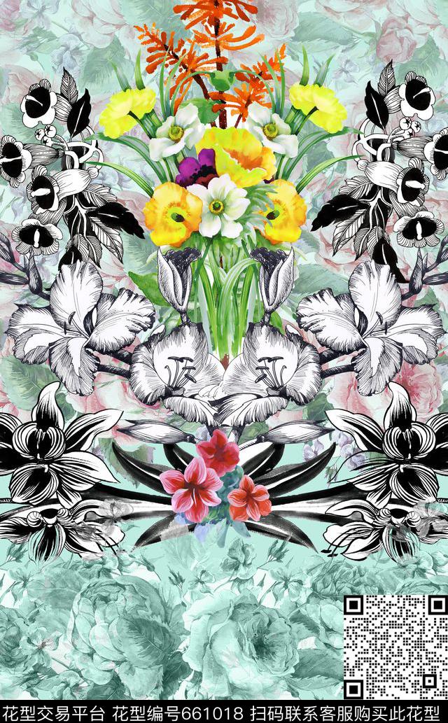 定位手绘花卉数码印花华亿平台下载（图片编号: 661018） - 瓦栏（Walan）