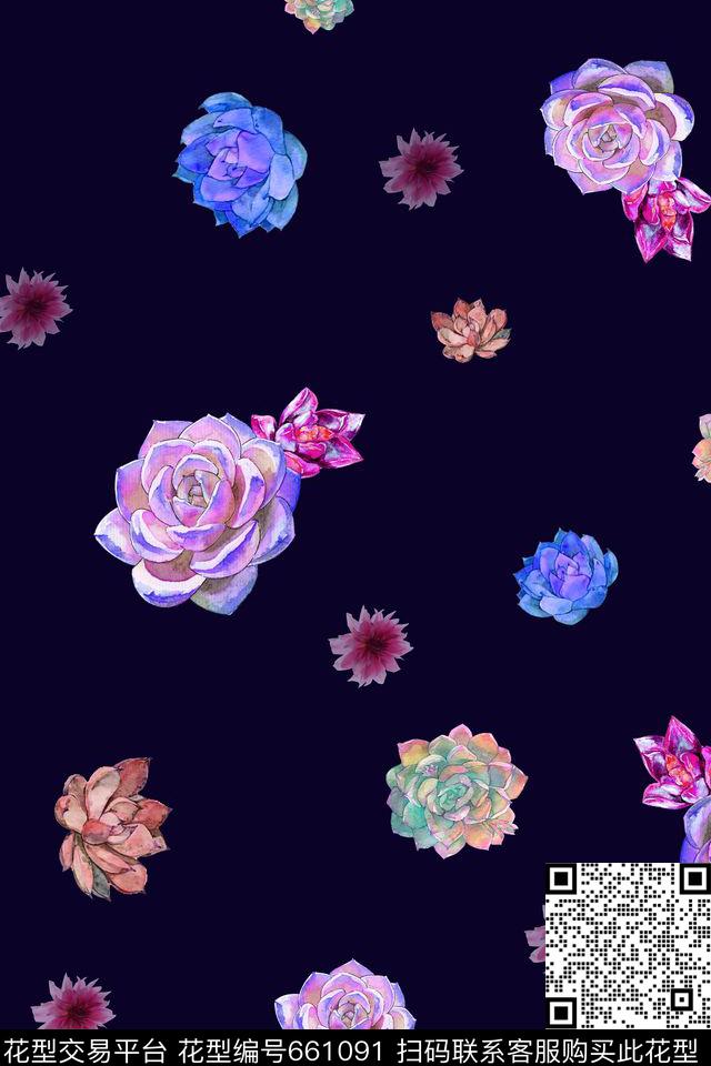 手绘画多肉配小花数码印花华亿平台下载（图片编号: 661091） - 瓦栏（Walan）