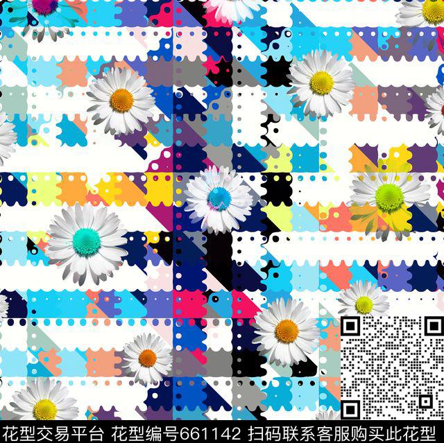 雏菊花边格纹数码印花华亿平台下载（图片编号: 661142） - 瓦栏（Walan）