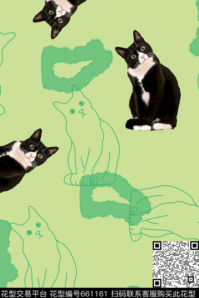 线条猫咪创意数码印花华亿平台下载（图片编号: 661161） - 瓦栏（Walan）