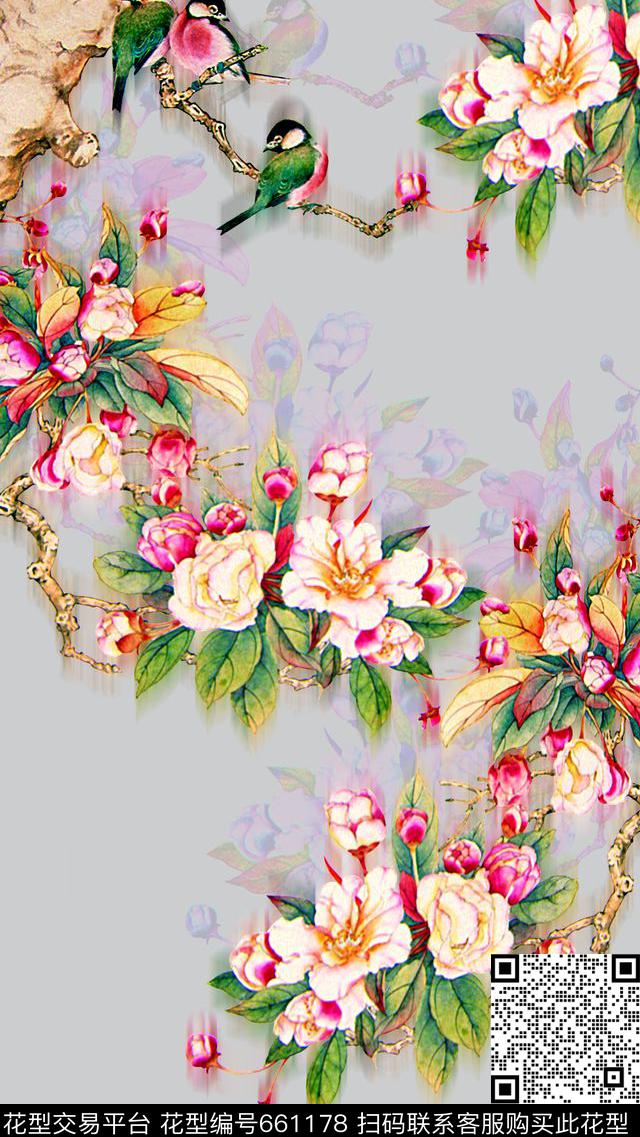 时尚潮流女装裙子定位工笔画印花时尚潮流复古中国风水墨画山水画数码印花梅花花卉花鸟旗袍定位印花数码印花华亿平台下载（图片编号: 661178） - 瓦栏（Walan）