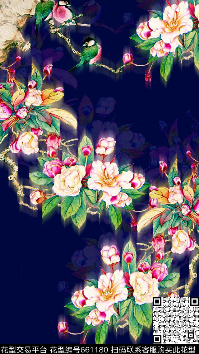 时尚潮流女装裙子定位工笔画印花时尚潮流复古中国风水墨画山水画数码印花梅花花卉花鸟旗袍定位印花数码印花华亿平台下载（图片编号: 661180） - 瓦栏（Walan）