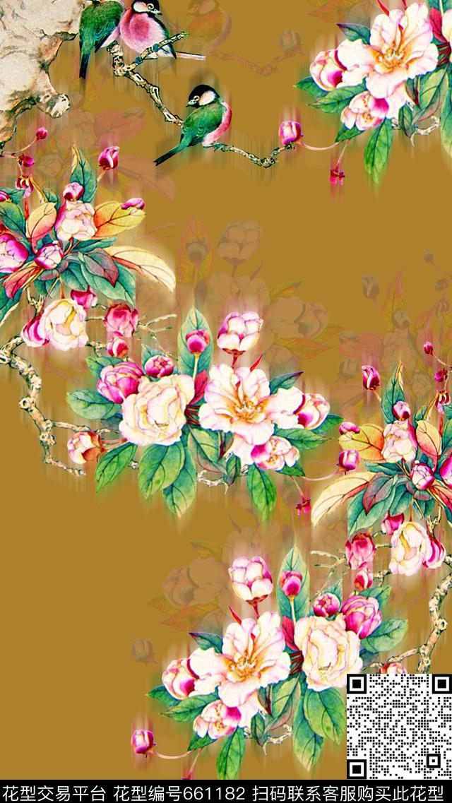 时尚潮流女装裙子定位工笔画印花时尚潮流复古中国风水墨画山水画数码印花梅花花卉花鸟旗袍定位印花数码印花华亿平台下载（图片编号: 661182） - 瓦栏（Walan）