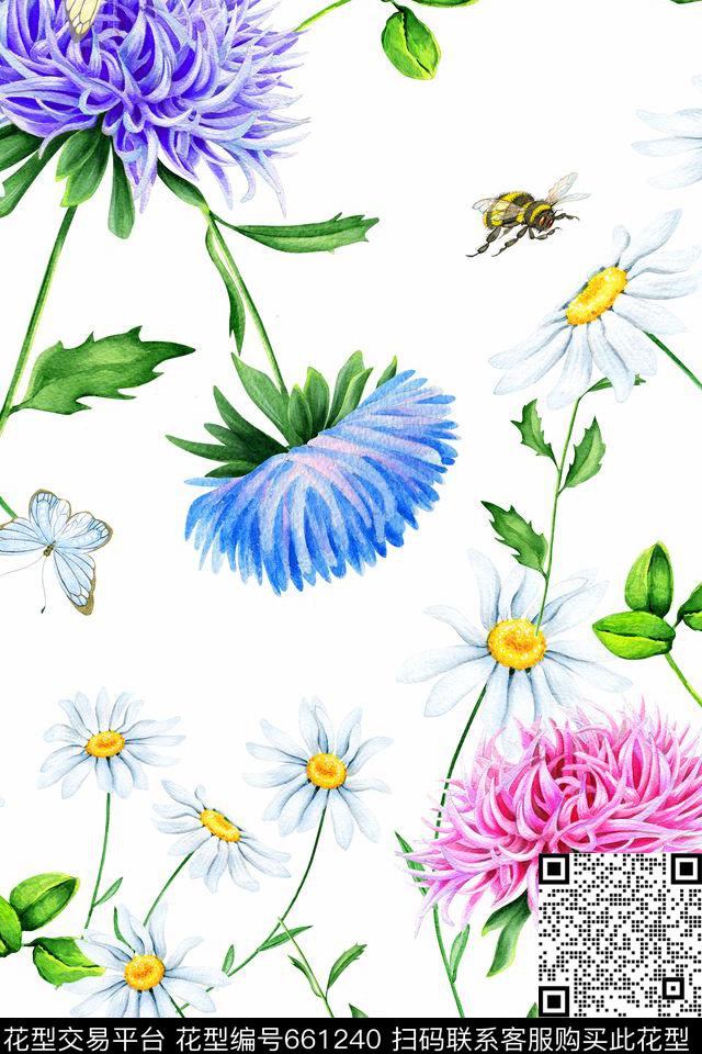菊花蝴蝶花卉数码印花华亿平台下载（图片编号: 661240） - 瓦栏（Walan）