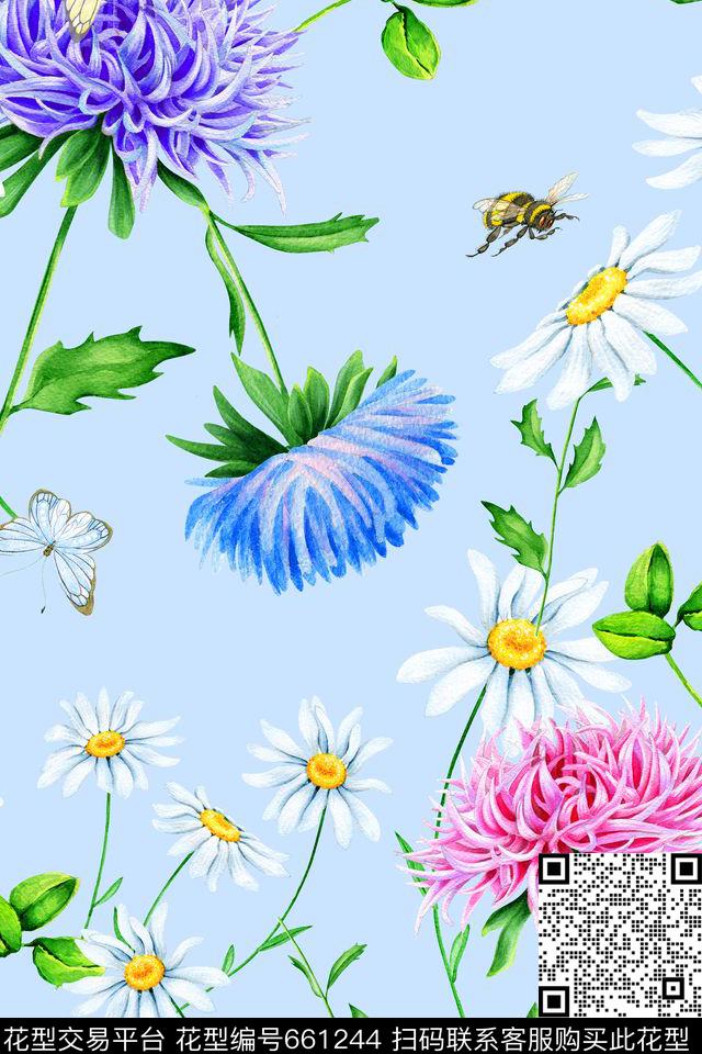 菊花蝴蝶花卉数码印花华亿平台下载（图片编号: 661244） - 瓦栏（Walan）