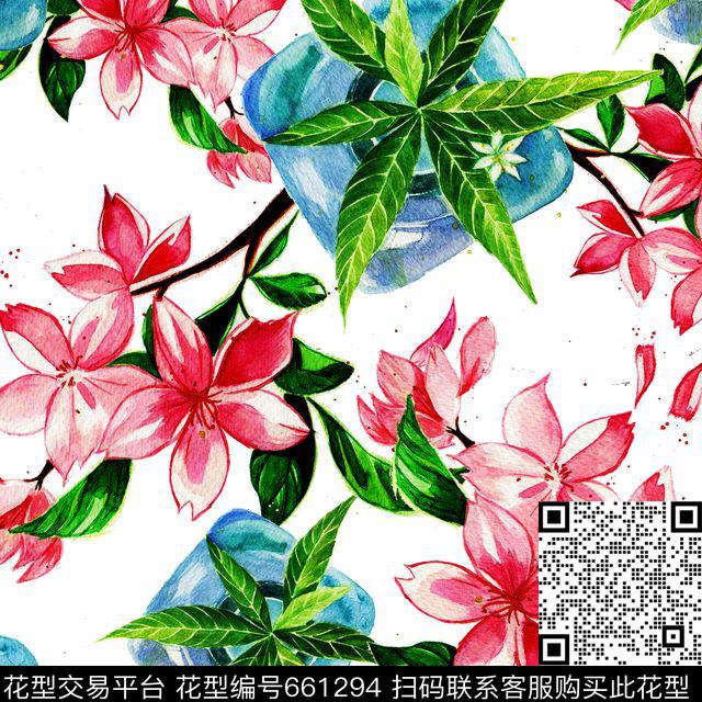 热带冰块花卉薄荷叶数码印花华亿平台下载（图片编号: 661294） - 瓦栏（Walan）
