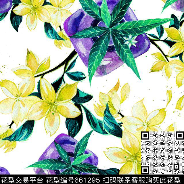 热带冰块花卉薄荷叶数码印花华亿平台下载（图片编号: 661295） - 瓦栏（Walan）